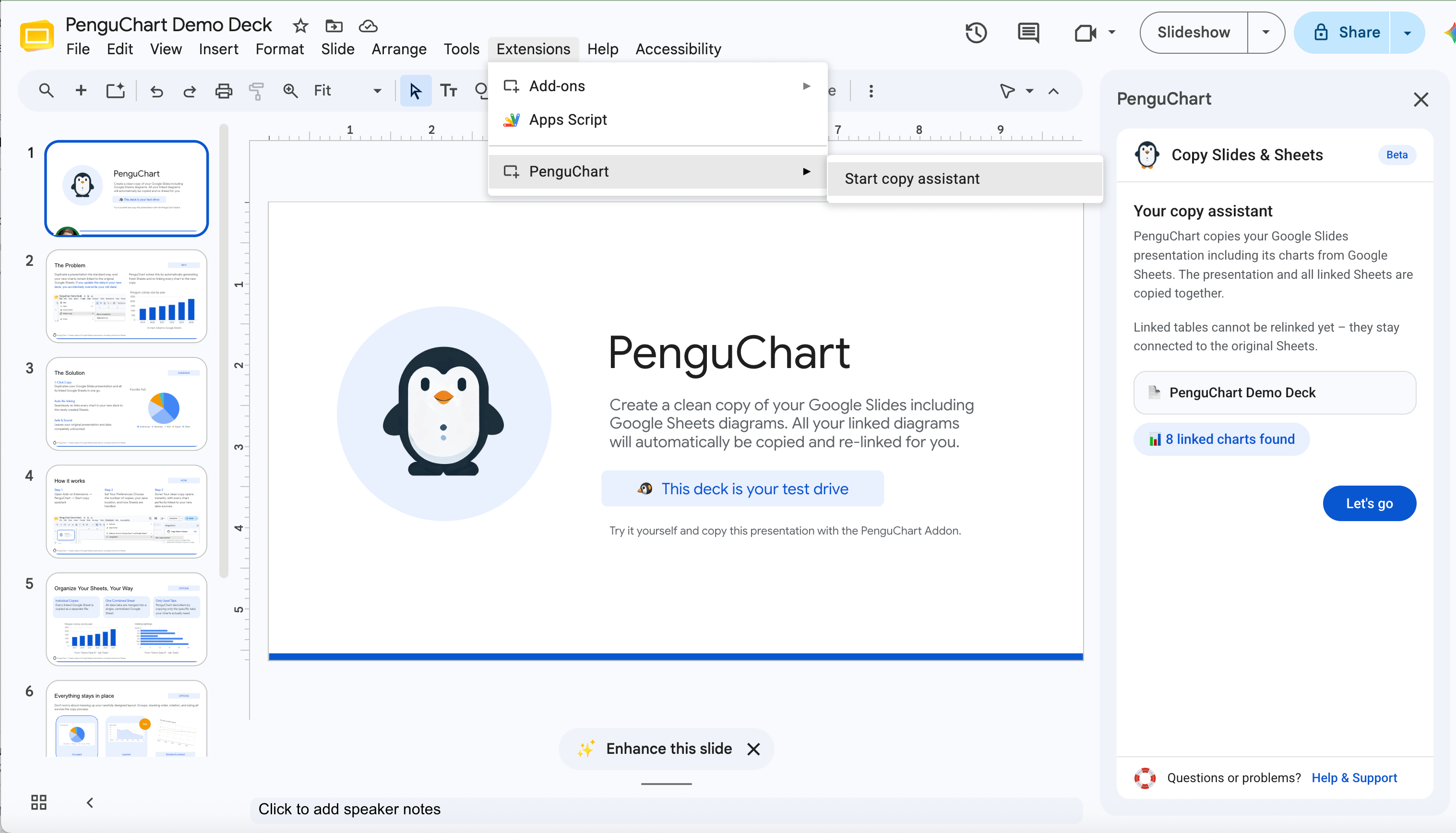 Presentación demo de PenguChart abierta en Google Slides™ con el asistente de copia